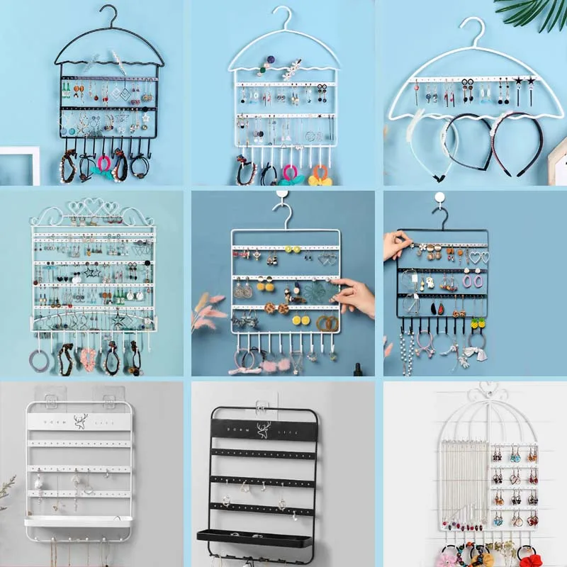 Iron Earring Jewelry Stand Holes Hook Hanging Wall Holder Necklace Organizer For Earring Display Rack Large capacity Storage oaoleer transparent hanging jewelry rack necklace earring storage rack wall adhesive organizer display stand jewelry accessories