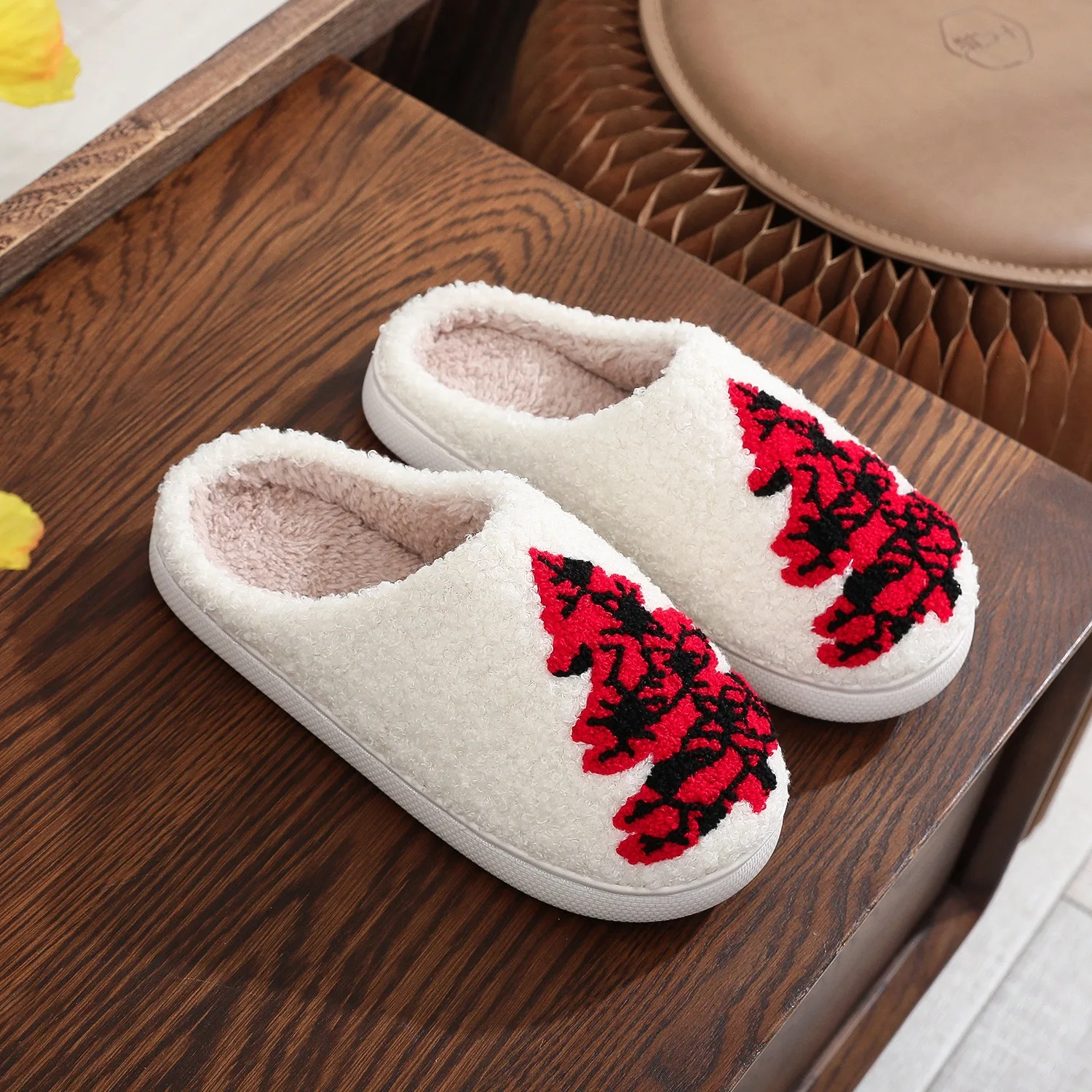 

Cheap home cotton shoes for ladies emboridery christmas tree velvet slippers women warm indoor slides with fur non-slip girls
