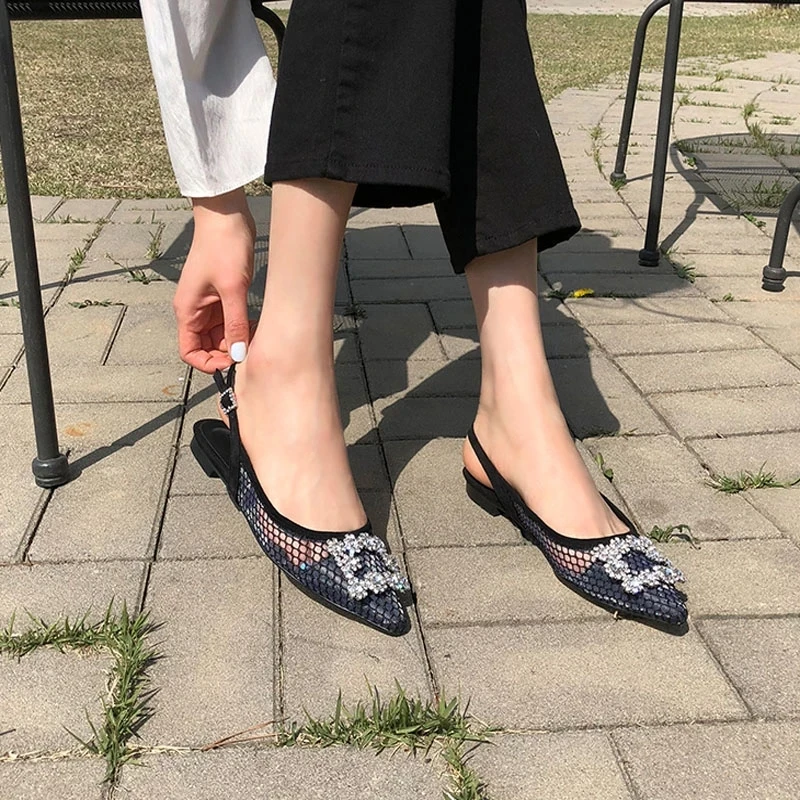 

Spring and Autumn New Style Rhinestone Buckle Lace Women's Sandals Pointed Toe Sexy Mesh Flat Sandals
