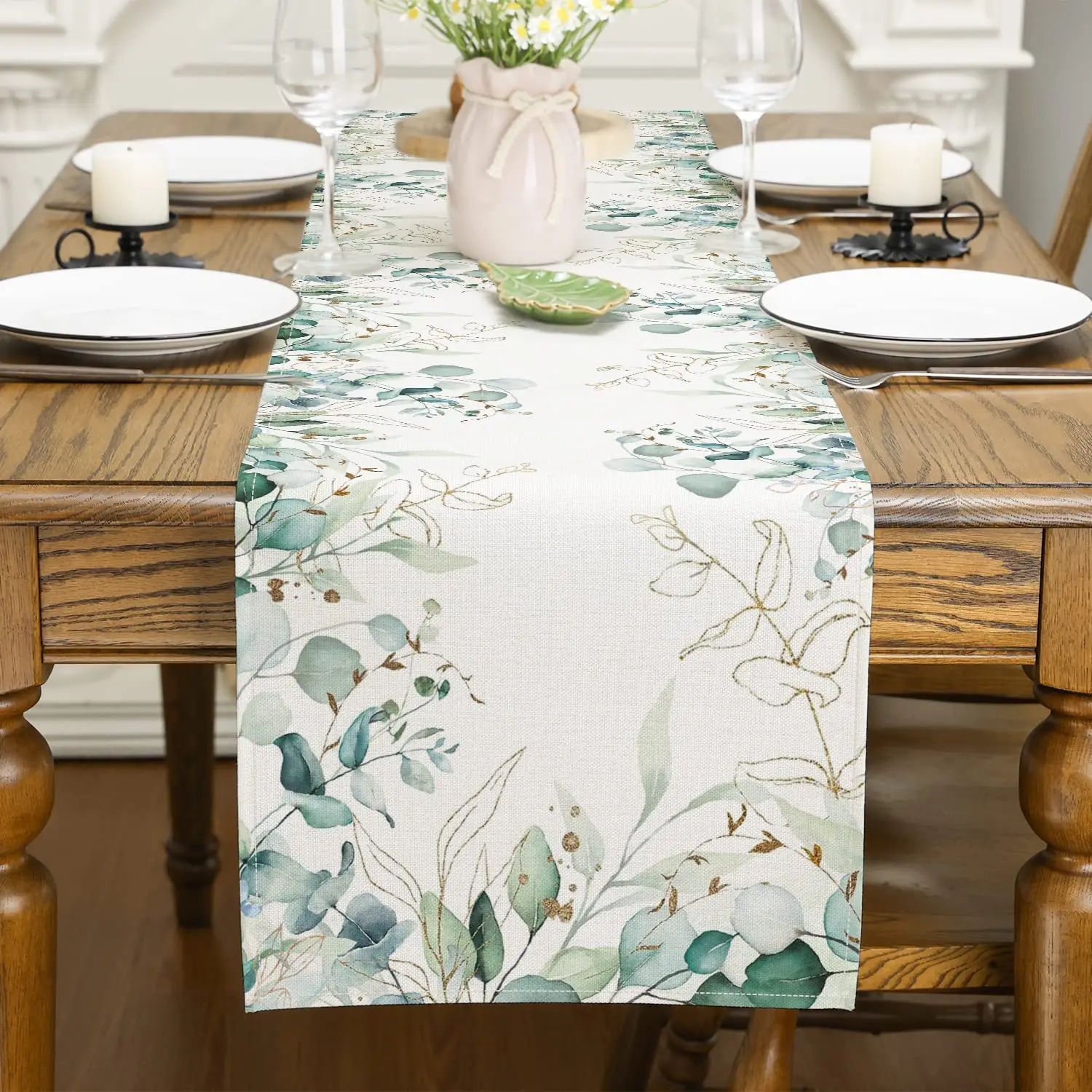 Spring Flower Table Runner Tulip Lavender Vase Easter  Rabbit Summer Holiday Kitchen Dining Table Decoration for Home Party