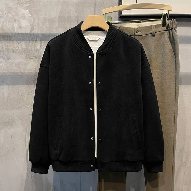 Description Picture 5 of item2024 New Retro Casual Baseball Coat Men's Solid Color Simple Long Sleeved Warm Jacket Top Trendy Spring Autumn and Winter Wear