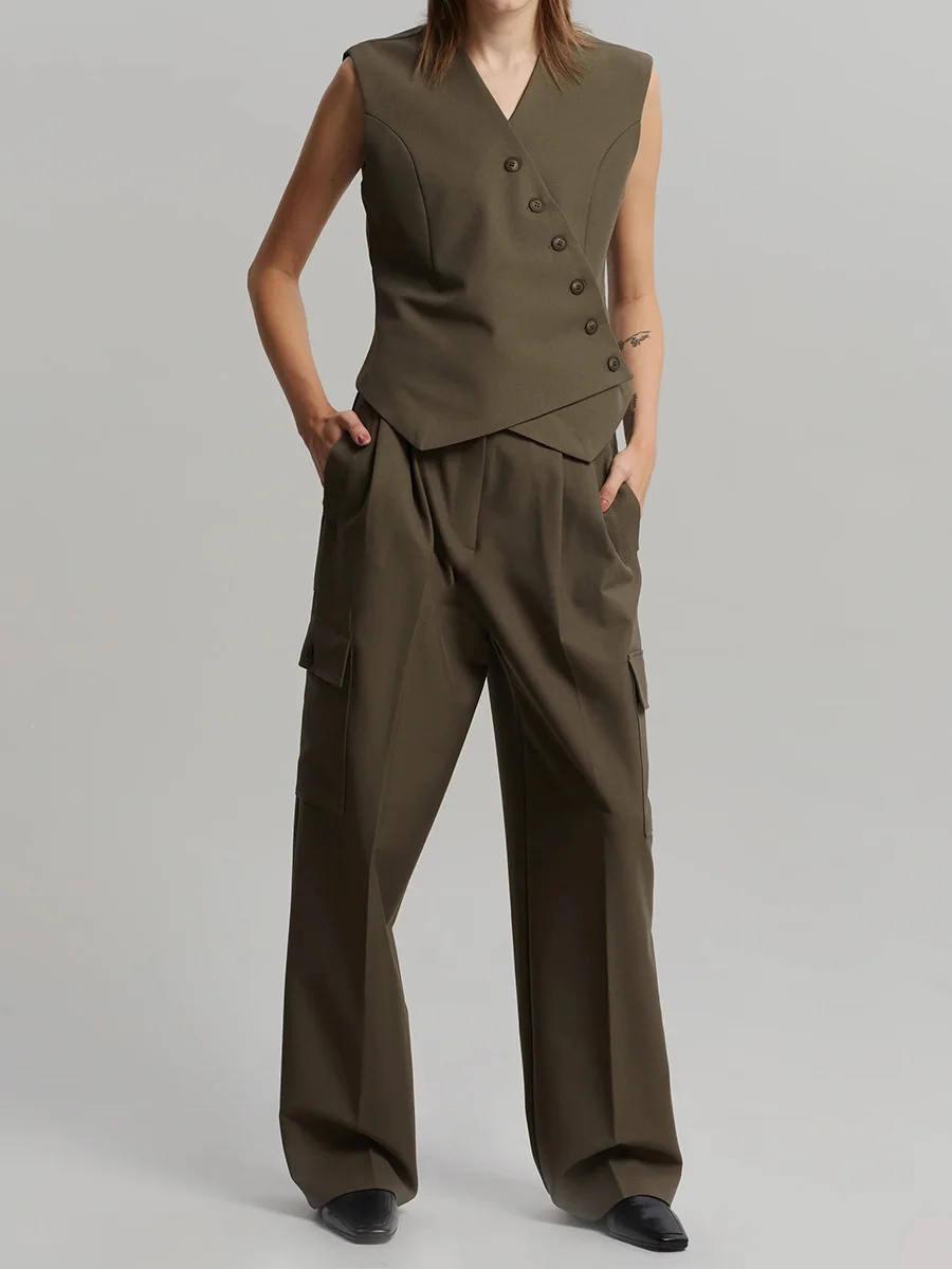 

Fashion Women 2 Piece Suits V Neck Sleeveless Asymmetrical Button Vest Cargo Long Pants Outfits Female Vintage Casual Ladies Set