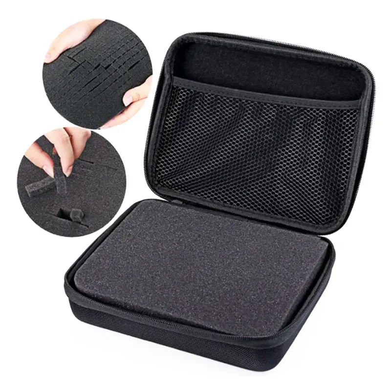 Mallette de transport pour caméra d'action, intérieur en mousse avec compartiments pour accessoires, sécurisé et organisé.