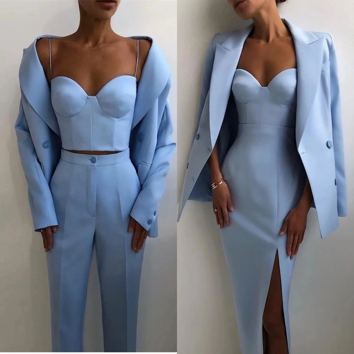 3 Pieces Fashion Women Suits Peaked Lapel Double Breasted Jacket Formal Casual Corset Pants Blazer Daily