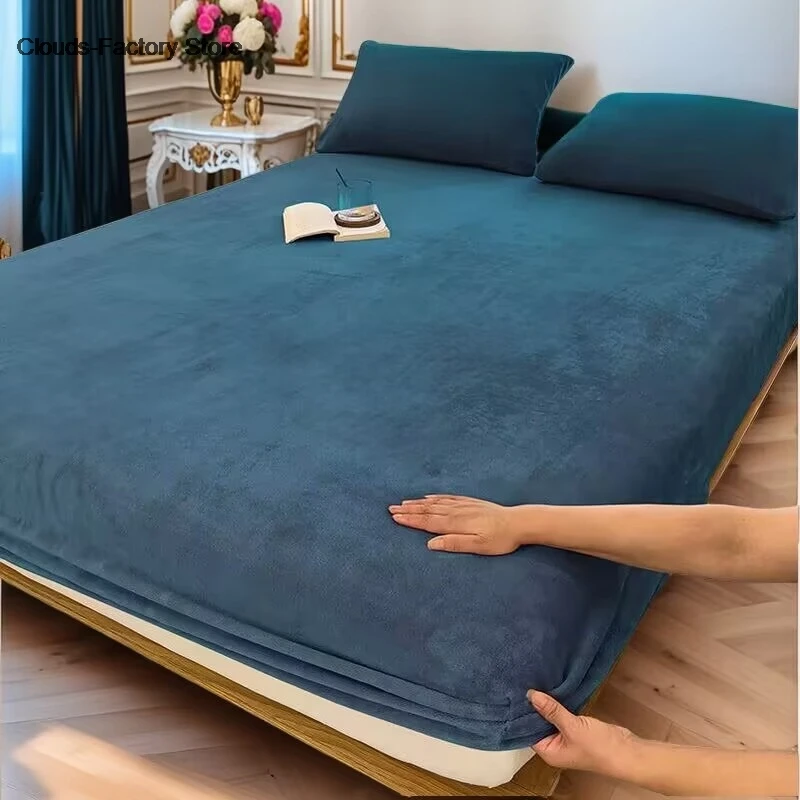 Winter Plush Elastic Fitted Sheet Double Bed Sheet Soft Warm Velvet Bedspread Mattress Cover Bed Protector 90 120 150 180 200 mattress cover,printed fitted sheet,printed bedspread,velvet bed cover