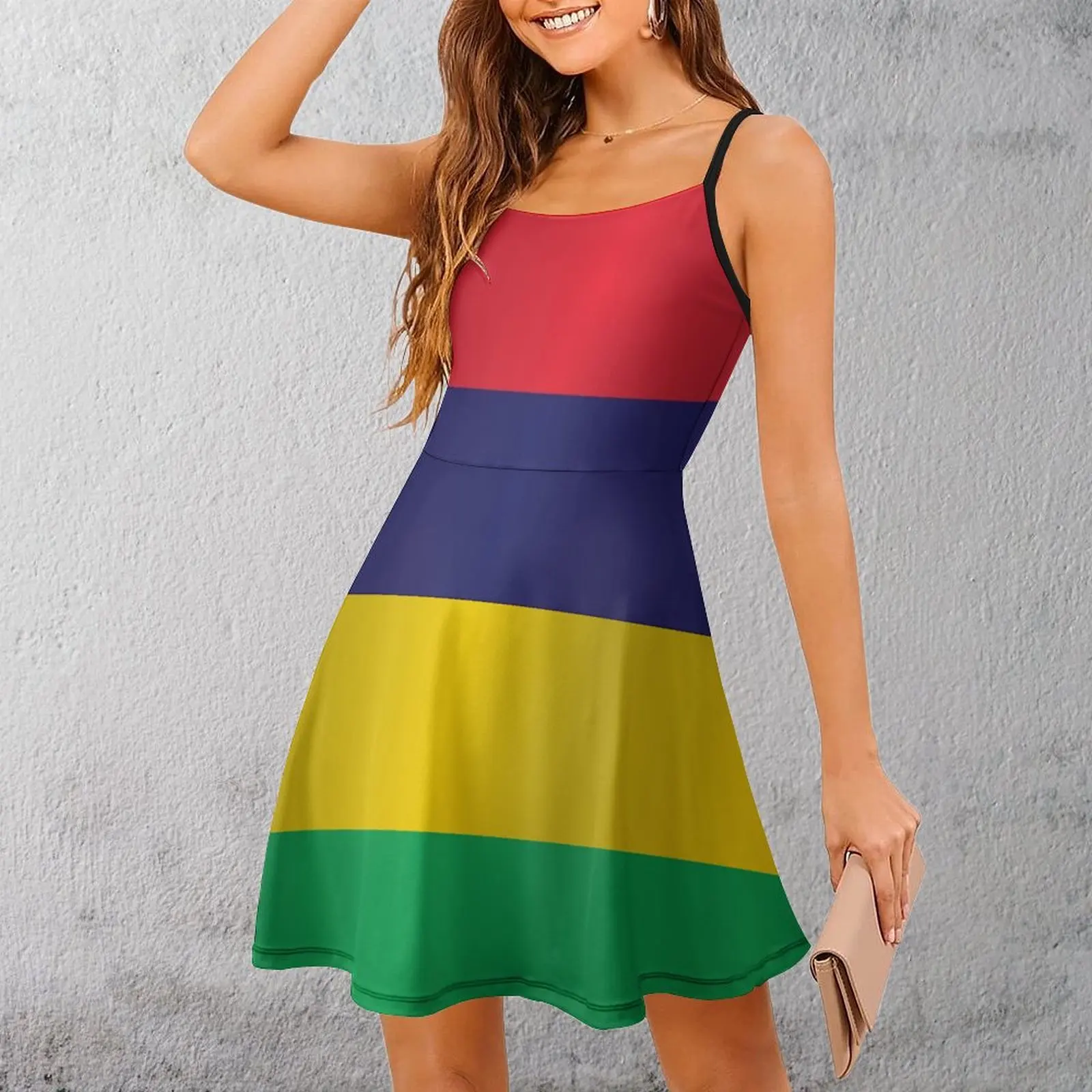 

Mauritius Flag Women's Sling Dress Unique Exotic Woman's Gown Funny Novelty Clubs Suspender Dress