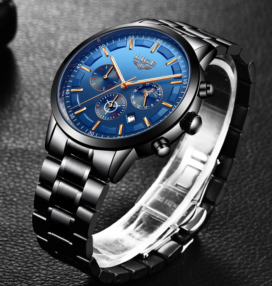 LIGE Men Watches Steel Wristwatch Sport Waterproof Chronograph Analog Quartz Watch Man Business Date Clock Luxury Watch for Men