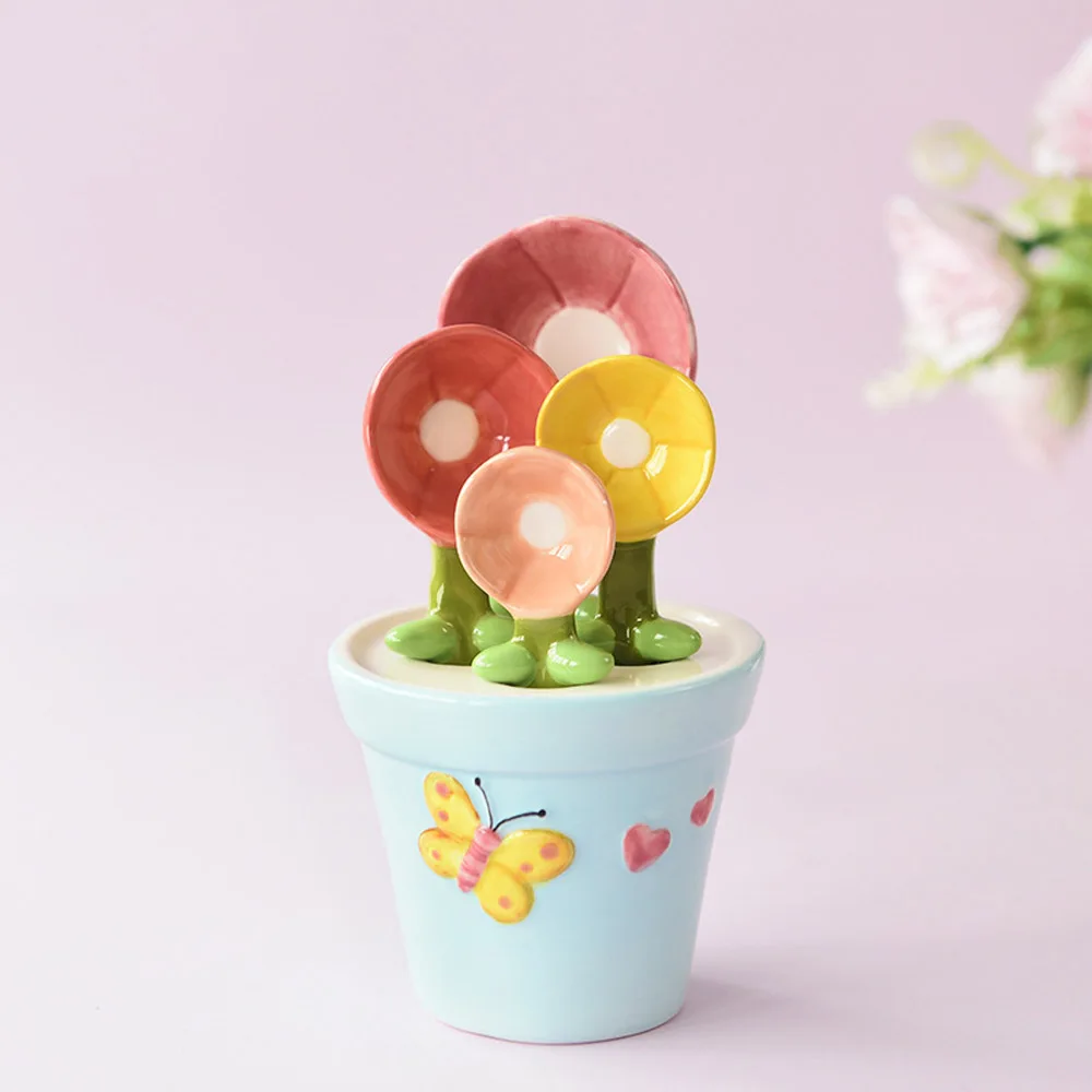 세라믹 측정 스푼 및 컵 꽃 베이킹 측정 스푼, 베이커리 장식 귀여운 요리 스푼 세트, 베이킹용 세트, 5 개/1 세트