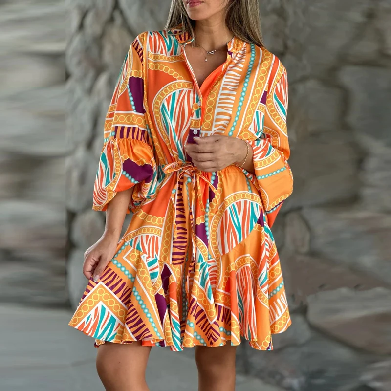 

Sexy V-neck Button Drawstring Slim Party Dress Women Spring Geometric Print A-Line Mini Dress Fall 3/4 Flare Sleeve Boho Dresses