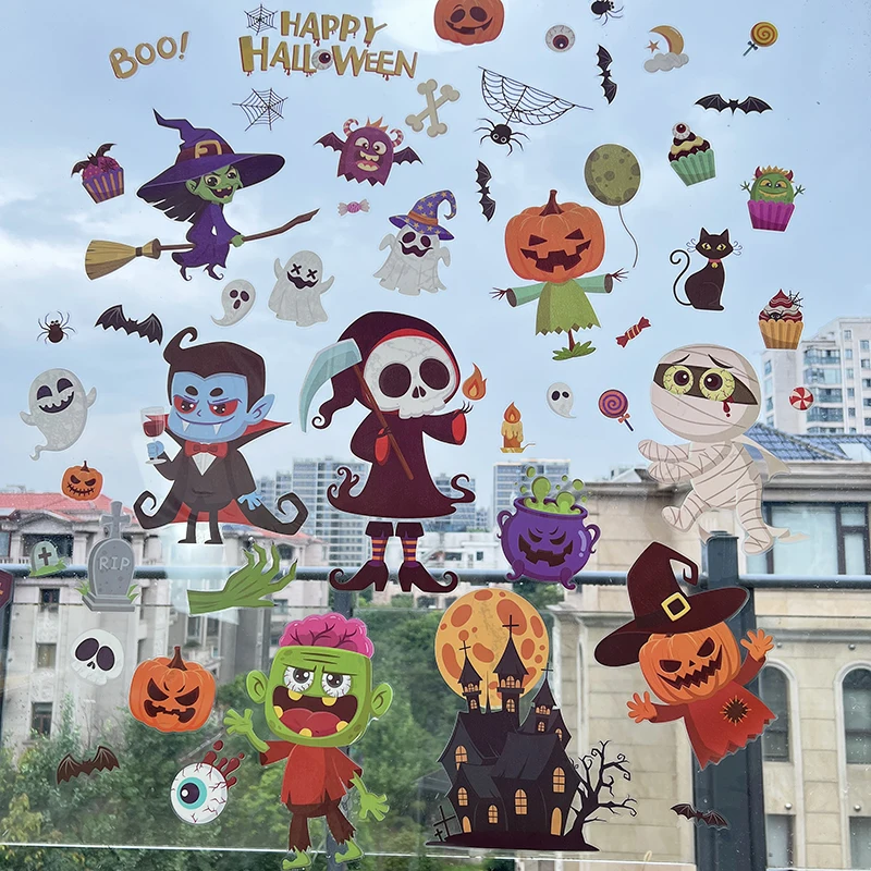 9Pcs Halloween Wall Stickers Cartoon Witch Pumpkin Mummy Waterproof Window Stickers For Halloween Party Home Bar Wall Decal
