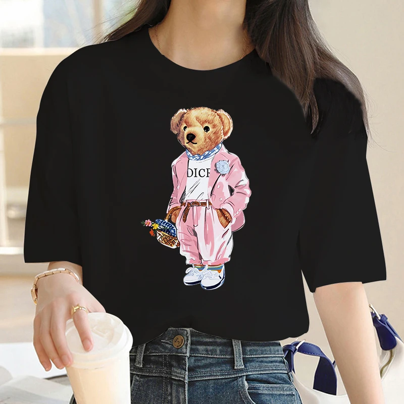 

Newest Women's Summer Luxury Bear Print Y2k T-shirt Ladies Short Sleeved Tees Clothing Loose Pure 100%Cotton Soft Tops S-7XL