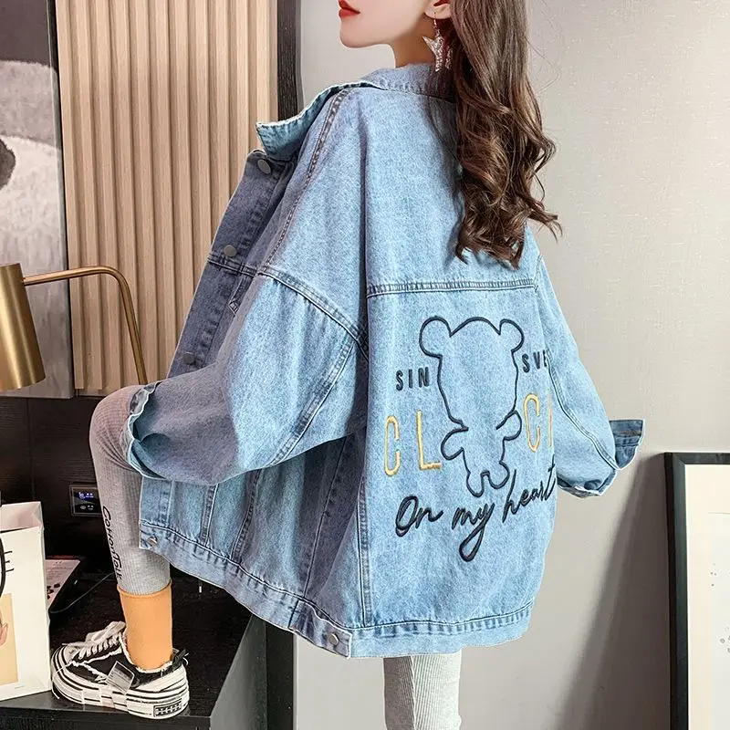 Women 2023 New Vintage Denim Jacket High-Quality Print Cropped Jean Coat Oversized Casual Long Sleeve Turn-Down Collar Outwear