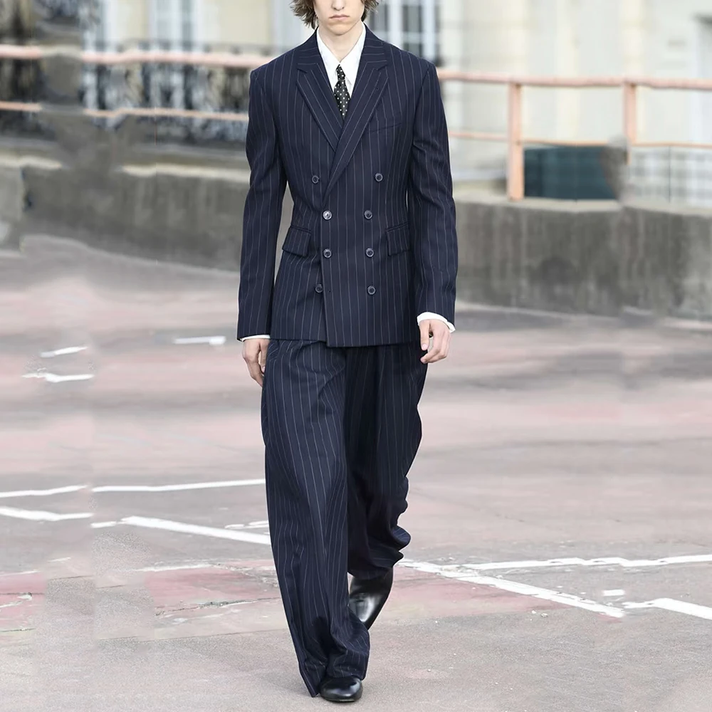 Elegant Stripe Double Breasted Notch Lapel Men Suit 2 pieces Set (Jacket+Pants) Wedding Evening Party Formal Event Male Clothing