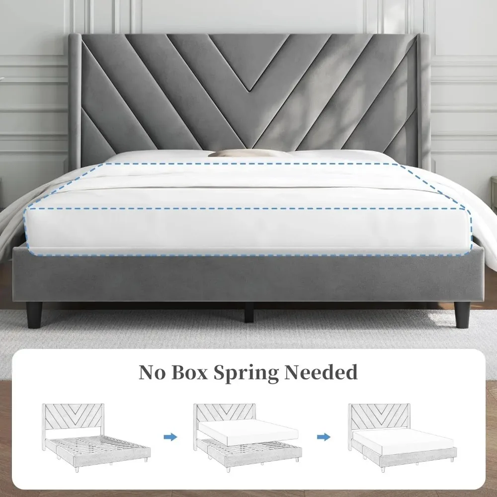 Full Bed Frame Upholstered Platform Bed with Wing Side Tufted Headboard/Sturdy Wooden Slat Support/No Box Spring Needed 2