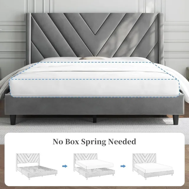 Full Bed Frame Upholstered Platform Bed with Wing Side Tufted Headboard/Sturdy Wooden Slat Support/No Box Spring Needed 2