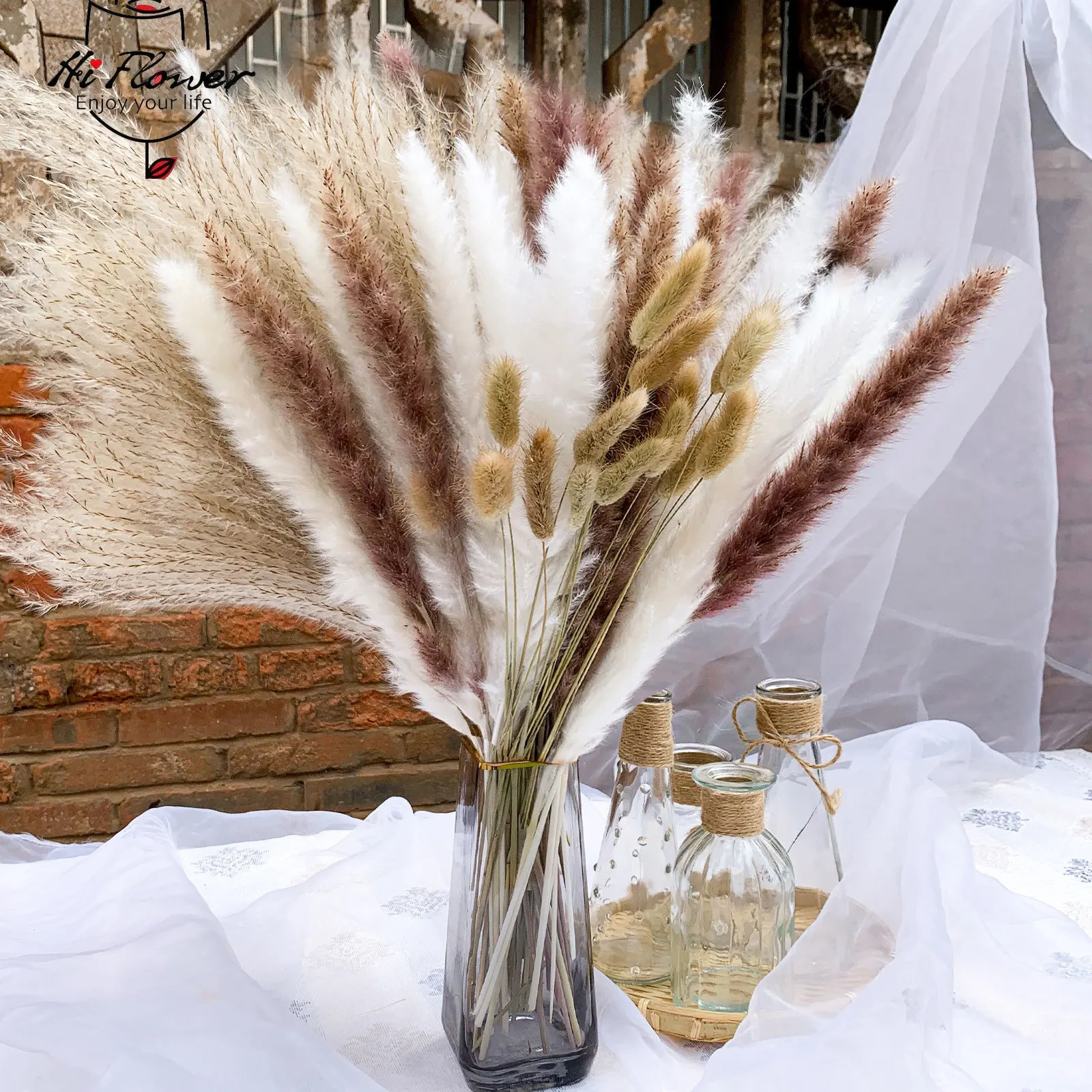 

120pcs Pampas Natural Dried Flower Bouquet Boho Christmas Wedding Decor Bunny Tail Grass Artificial Flowers Reed Home Decoration