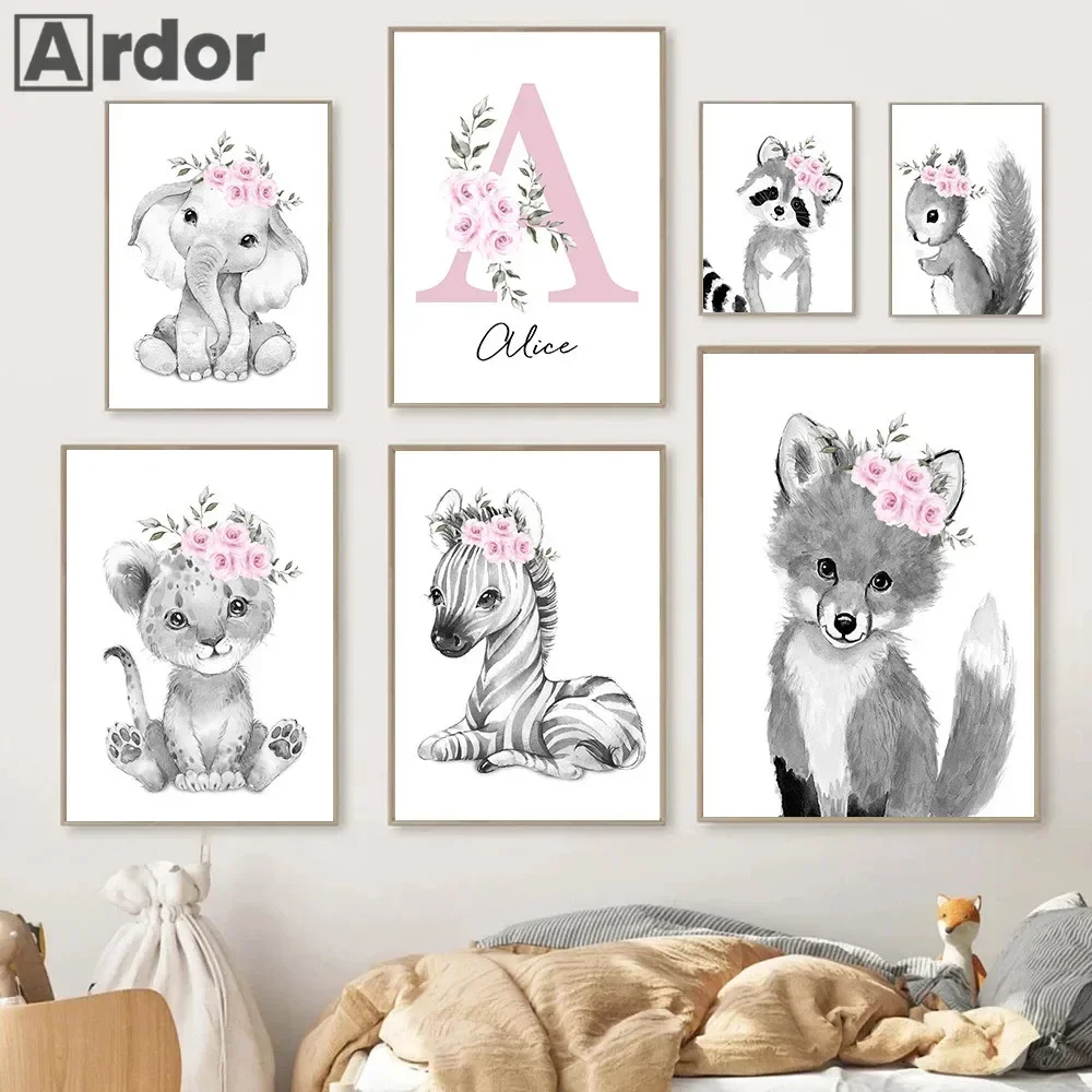 Pink Flower Nursery Art Prints Custom Name Poster Lion Canvas Painting Elephant Wall Art Nordic Posters Baby Girls Room Decor child room cartoon western cowboy abstract poster nordic minimalist nursery wall art painting canvas modern kid baby room decor