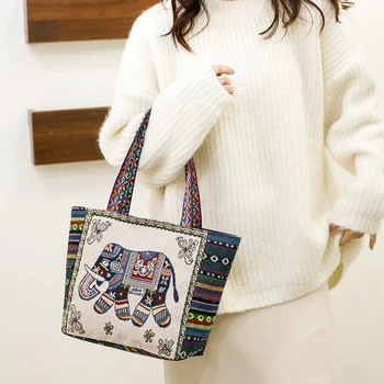 Ethnic Style Elephant Embroidered Canvas Shoulder Tote Bag 2