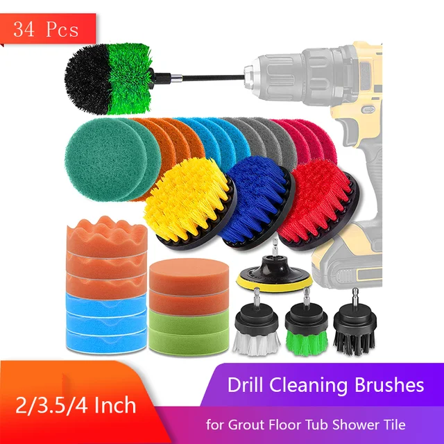 Cepillo de limpieza para taladro de 34 piezas, accesorio de 2/3, 5/4  pulgadas, depurador eléctrico para lechada, suelo, bañera, ducha, azulejo,  baño y cocina - AliExpress