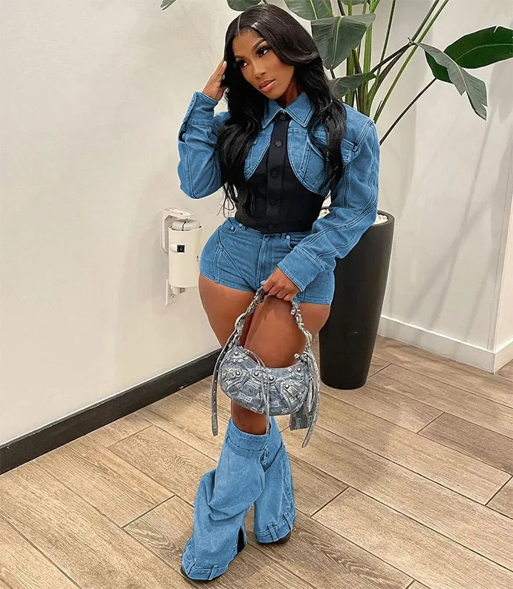 Fashion Women's Jeans Two Peice Set Vintage Patchwork Denim Jacket tight Short Pants Vintage Y2k Female Streetwear Matching Sets