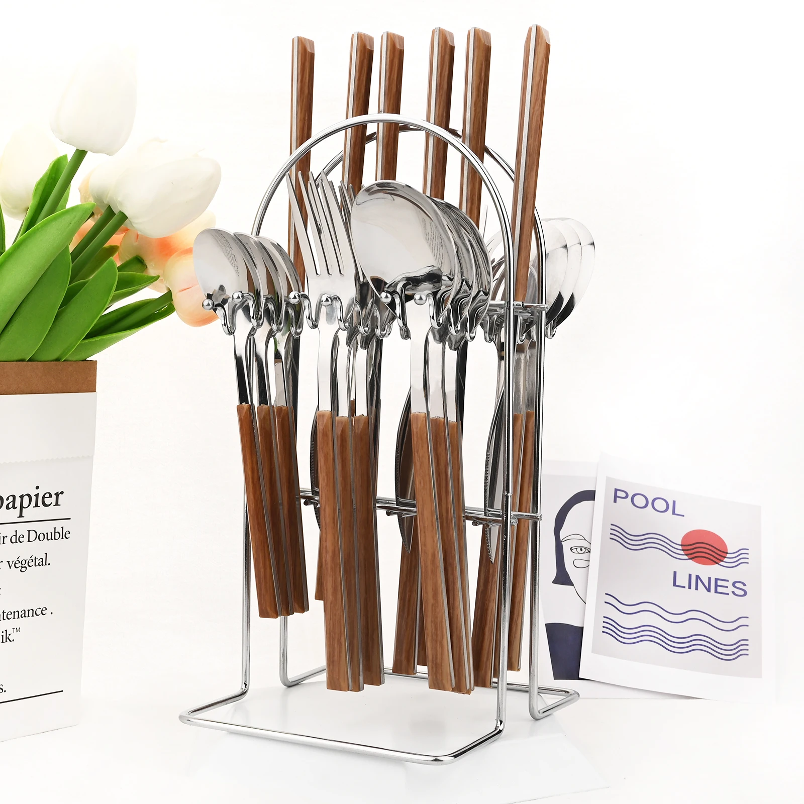

Drmfiy Western Knife Fork Spoons Dinnerware Set Imitation Wood Handle Cutlery Set 16/24Pcs Stainless Steel Tableware Rack Set