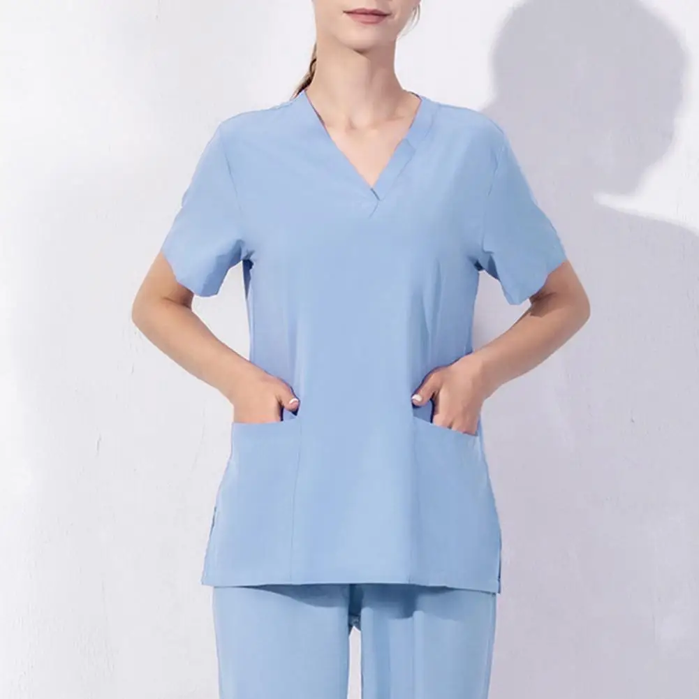 

V-Neck Short Sleeve Operating Room Uniform Tops Pockets Side Split Hospital Working Tops Nurse Dental Surgery Tops Workwear