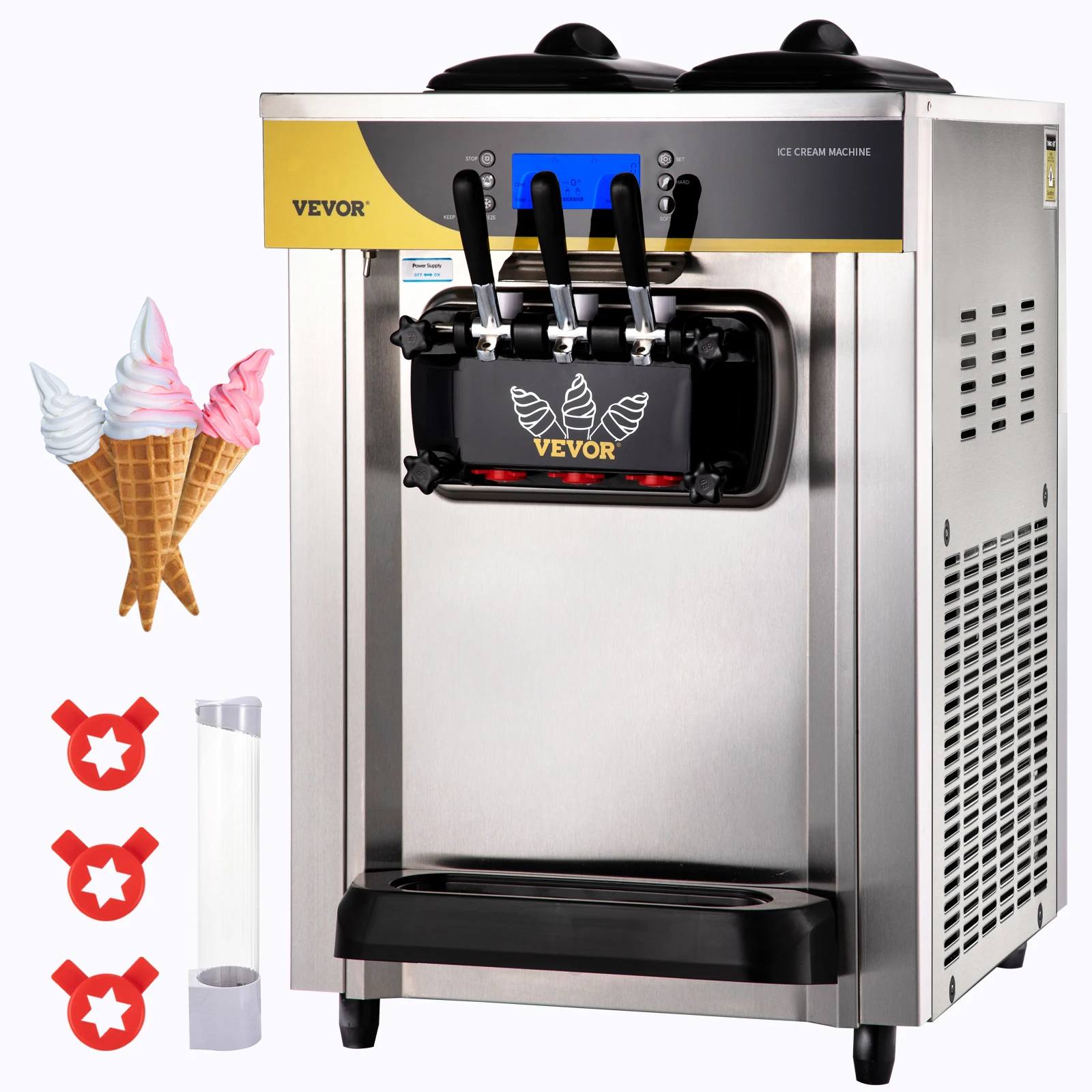 VEVOR Commercial Ice Cream Maker, 22-30L/H Yield, 2200W Countertop Soft Serve Machine w/ 2x6L Hopper 2L Cylinder LCD Panel