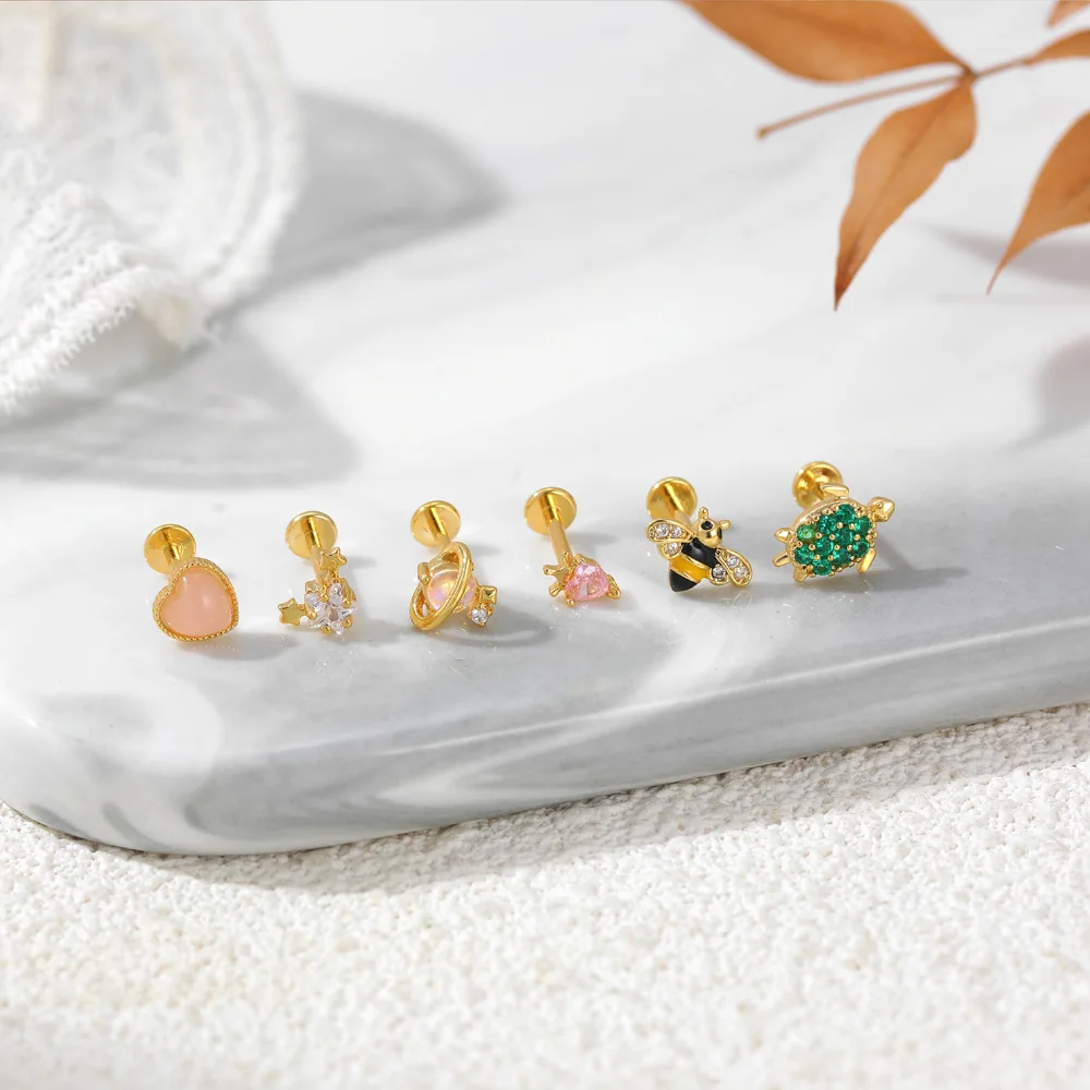 Fashion Pink Love Heart Zircon Navel Piercing Mini Sea Turtle Bee Natural Stone Lip Punching Stud Earring for Women Punk Jewelry