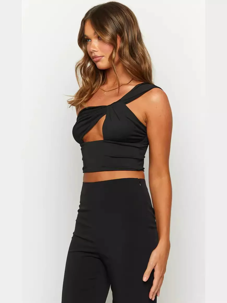 Women's Spicy Girl Sexy One Shoulder Tight Hollow Open Back Short Top Bar Nightclub 2024 New Edition 4