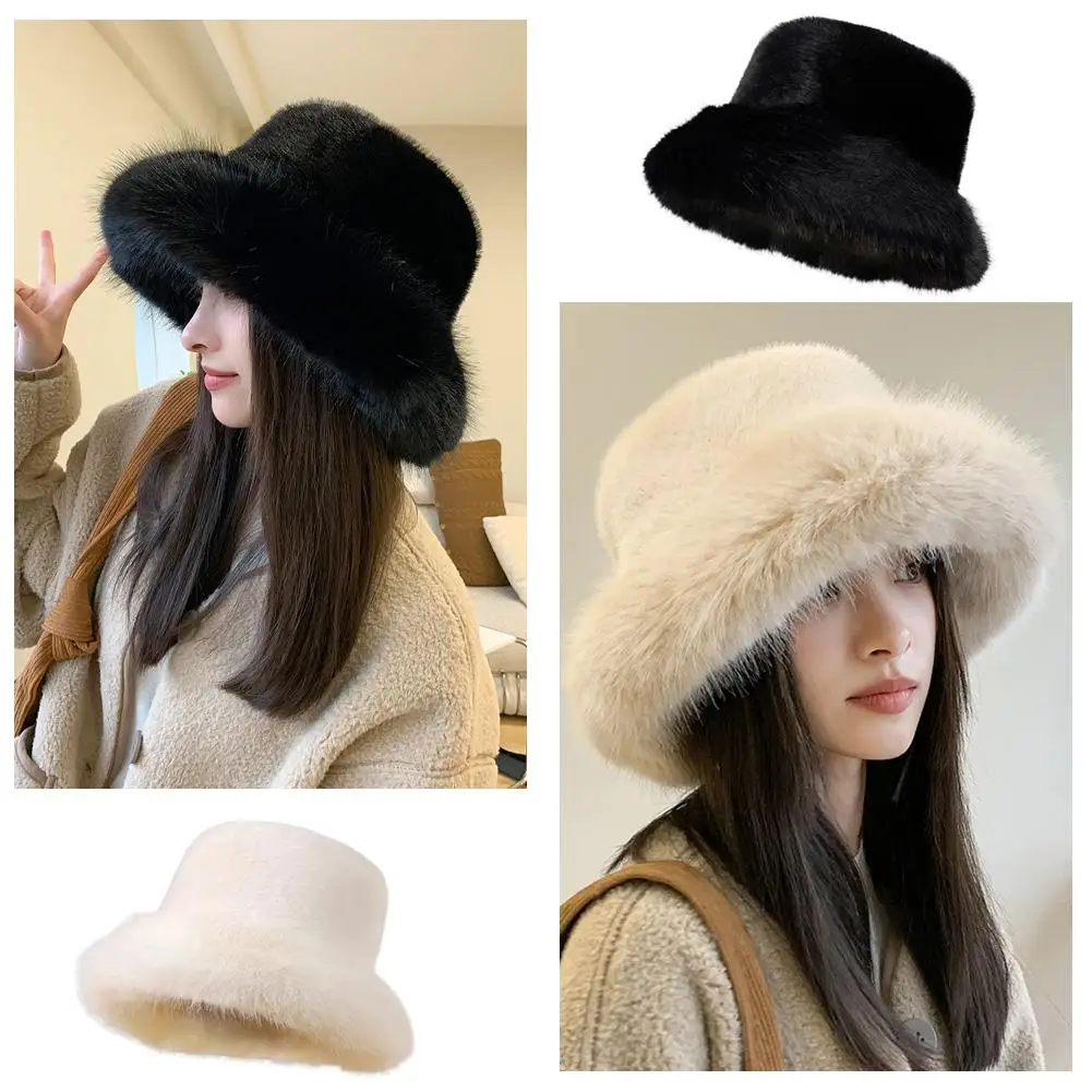 

2023 Big Faux Fur Fluffy Bucket Hat For Women Luxury Plush Winter Hat Thicken Snow Oversized Fur Bucket Hat Soft Big Panama X8X9
