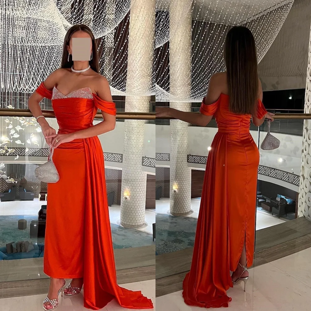 Jiayigong  Satin Beading Draped Pleat Graduation A-line Off-the-shoulder Bespoke Occasion Gown Midi Dresses
