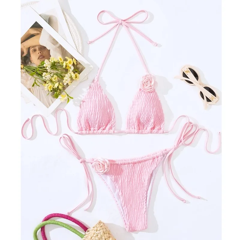 2024 Sexy Women 3D Rose Bikini Set Two Piece Tie Back Halter Cheeky Swimsuit Bathing Suit