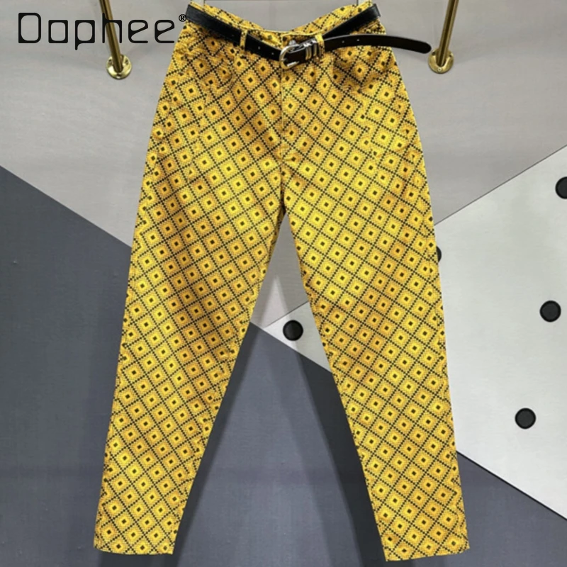 

Diamonds Jeans Woman Lattice Printing Denim Trousers for Women 2024 Spring New Streetwear Dyeing High Waist Slimming Harem Pants