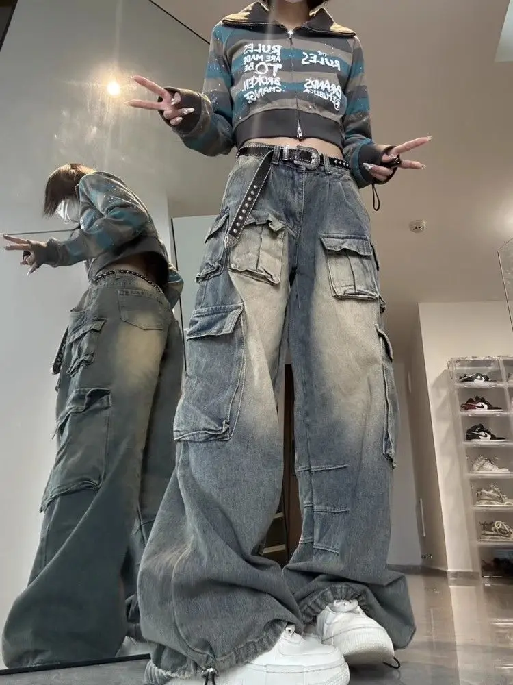 HOUZHOU Grunge Distressed Baggy Tooling Jeans Women High Street Y2K Multy Pockets Denim Cargo Pants Oversize  Wide Leg Trousers new men s jeans y2k retro casual hip hop street trousers korean fashion trend workwear large pockets versatile men s clothing