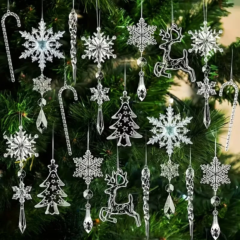 14Pcs Christmas Acrylic Ornaments Set Clear Snowflake Icicle Xmas Tree Hanging Pendants Christmas Home Decoration New Year Gifts