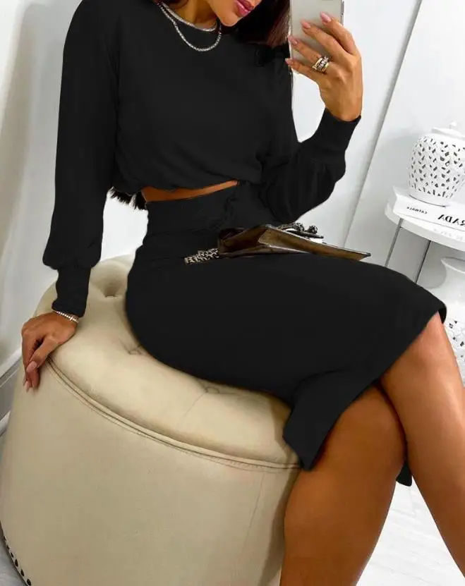 New Two Piece for Women 2023 Autumn Simple Solid Color Elegance Round Neck Long Sleeve Top & Drawstring Shirred Skinny Skirt Set