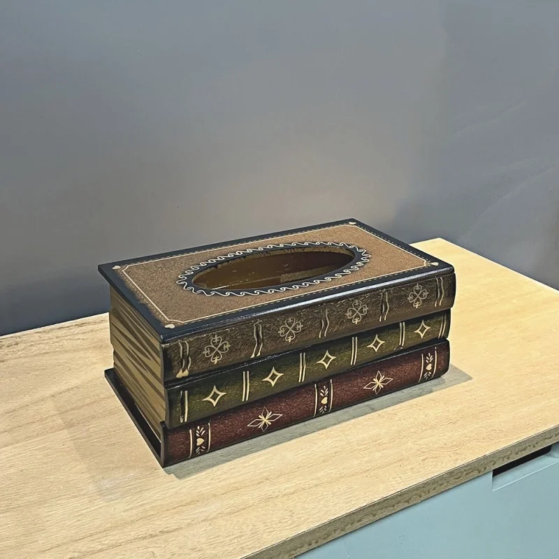 Exquisite Classical Vintage Wooden Book Tissue Box, Rectangular Napkin Holder Dispenser, Restaurant Tissue Storage Box Ornament 4