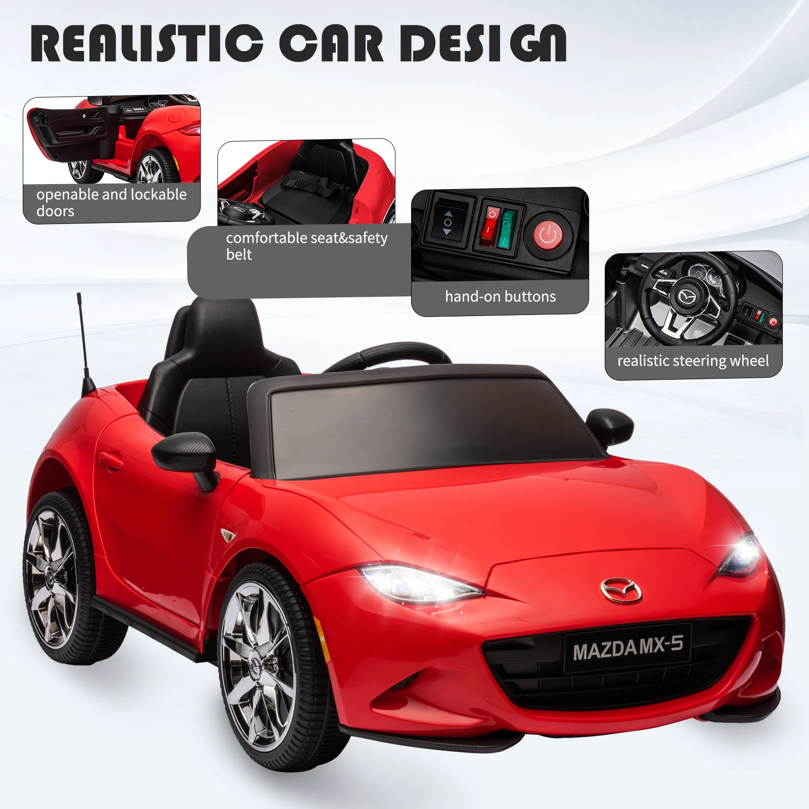 12V Dual Drive Kids Electric Ride on Car, Licensed Mazda MX-5 with Parent Remote, LED Light, Swing Function, One-Key Start