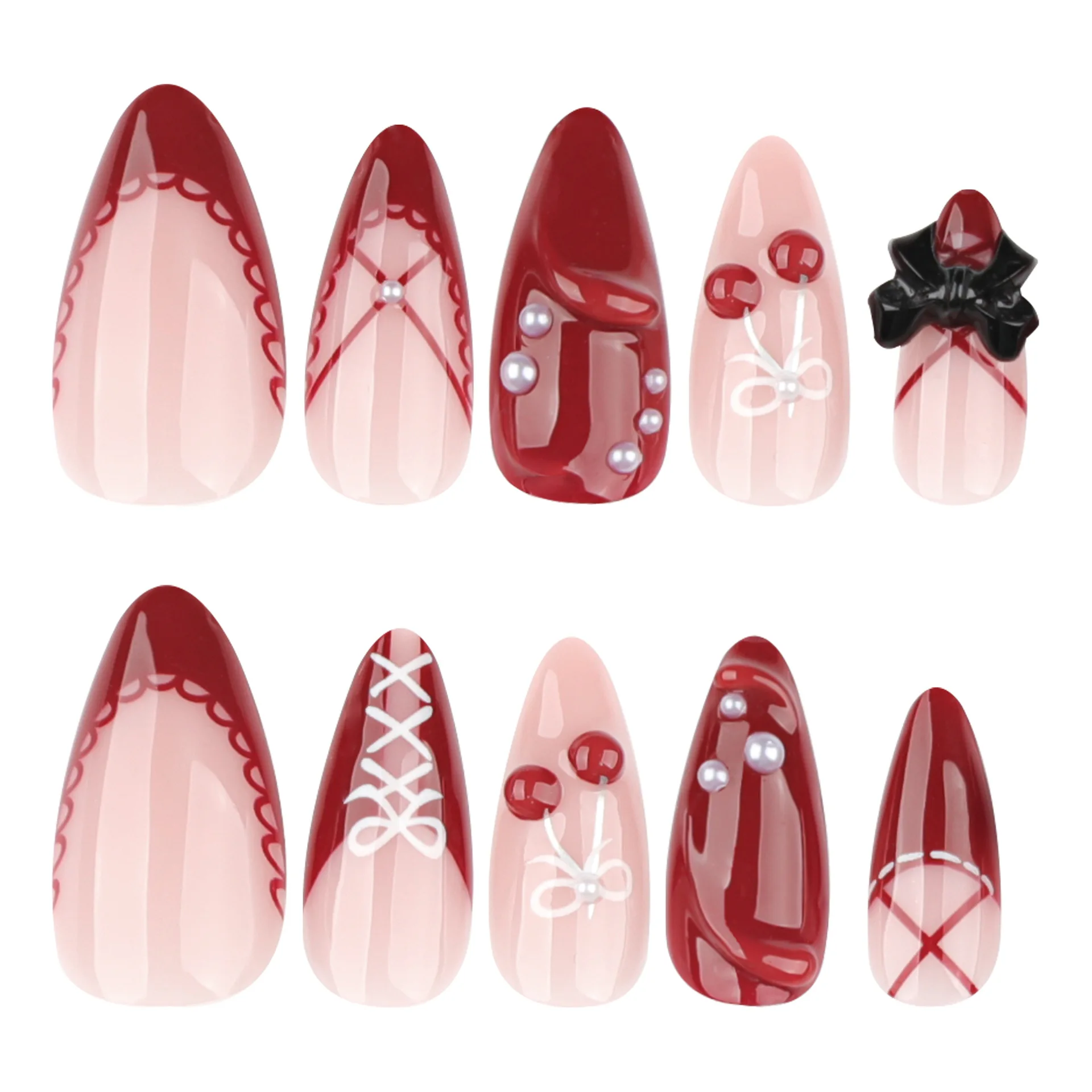 24개입 새 프렌치 레드 프레스온 네일, 3D 블랙 리본 체리 디자인 아몬드 모양 여성용 착용 가능한 스윗 쿨 페이크 네일
