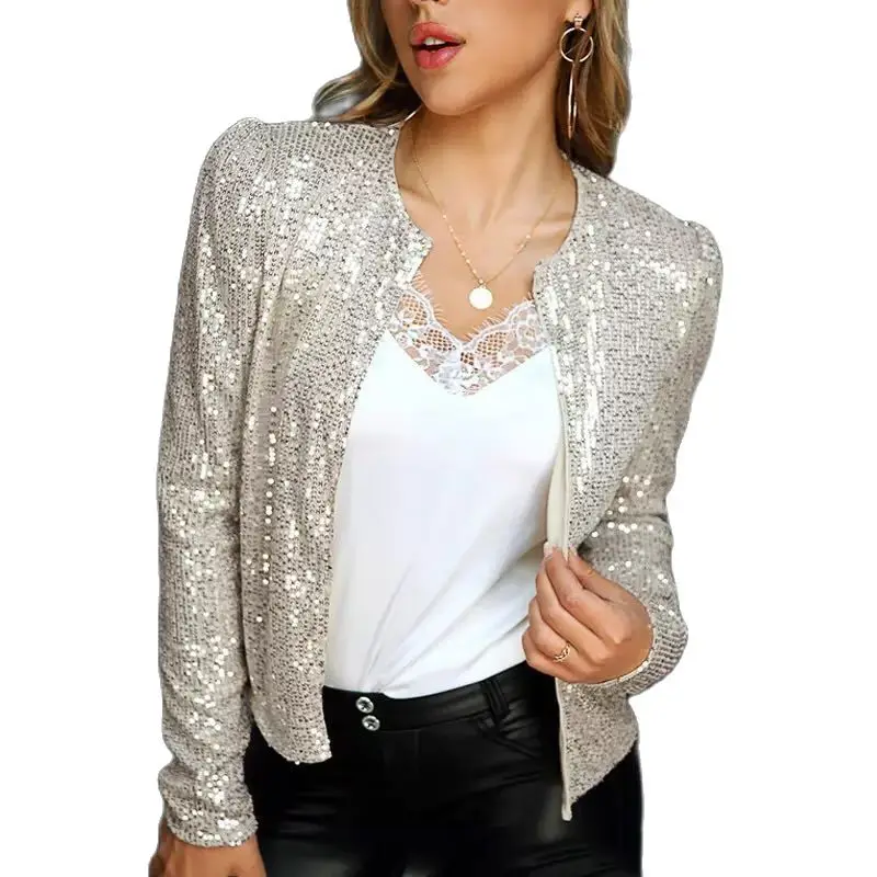 

2023 Fashion Ultrashort Sequins Jacket Women Small Coat Spring Autumn Thin Cardigan Top Lady Streetwear Outerwear Casual Coats