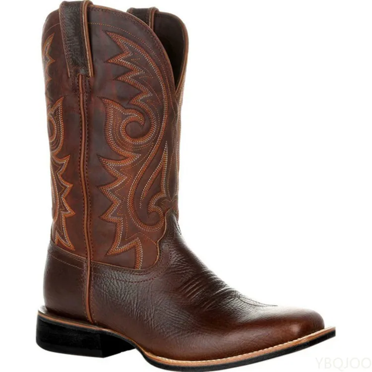 Men Boots Mid Calf Western Cowboy Motorcycle Boots Male Autumn Outdoor PU Leather Totem Med-Calf Retro Designed Men Shoes men training boots