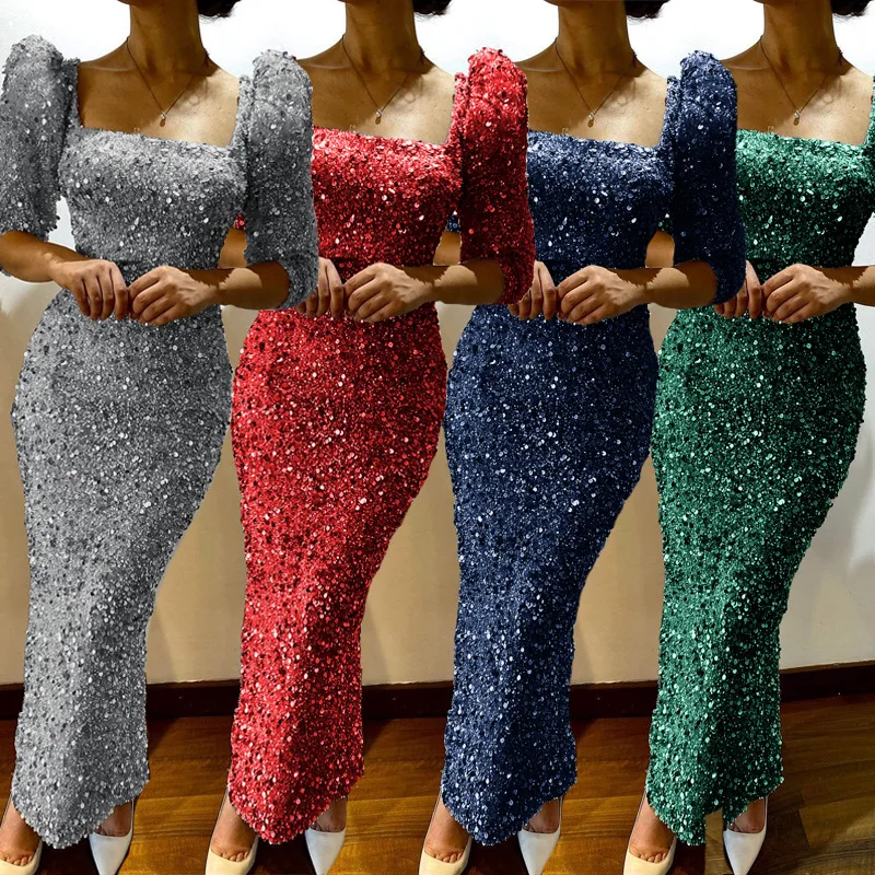 

SKMY Sequin Dress Square Collar Sexy Spring Summer 2023 New Fashion Evening Party Women Elegant Slim Fit Long Dresses Clubwear