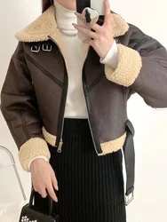 Ailegogo Winter Women's Faux Fur Leather Jacket with Belt - Thick Warm Sheepskin Outwear - M (Coffee)