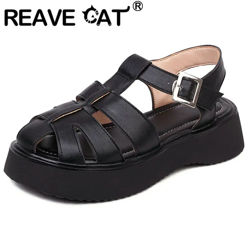 

REAVE CAT Ladies Sandals Round Toe Thick Heel Increased Platform Buckle Strap Rome Shoes Big Size 36-43 Black White Casual S3928