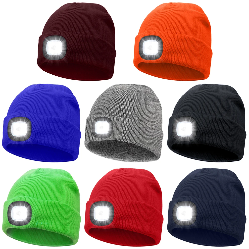 Head Flashlight USB Rechargeable Cap Light 3 Brightness Levels 4 LED Beanie Hat Hands Free Head Torch Gifts Dad Running Hiking