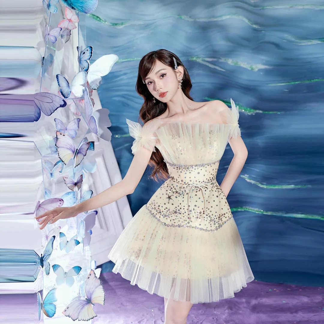 

Luxury Colorful Beaded Mini Prom Party Dresses Off Shoulders Satin Cocktail Dress Pretty Pleated Tulle Short Homecoming Gowns