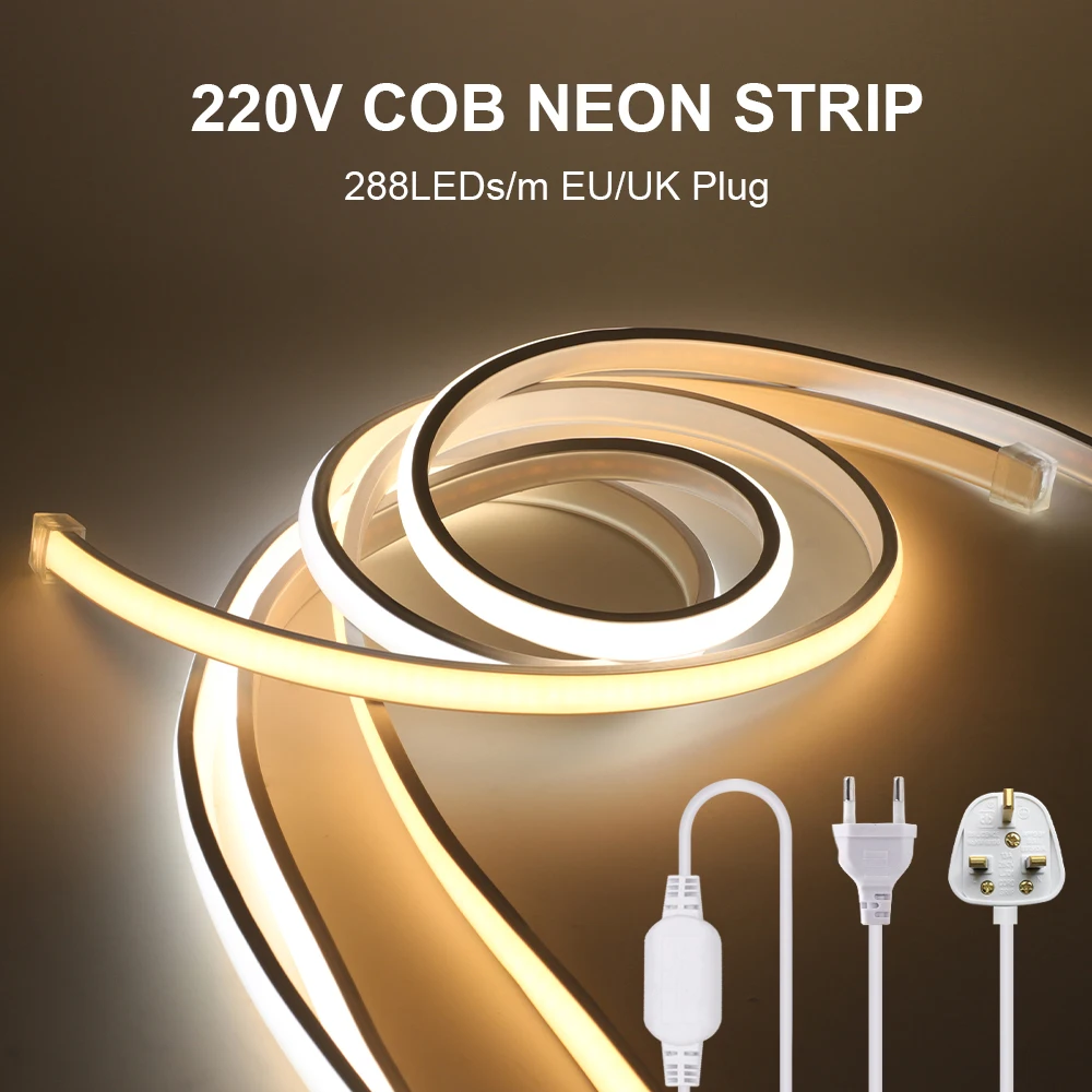 Super Bright COB LED Strip Light 288 LEDs EU UK Plug 220V CRI RA90 Outdoor Lamp Waterproof LED Tape For Bedroom Kitchen Lighting