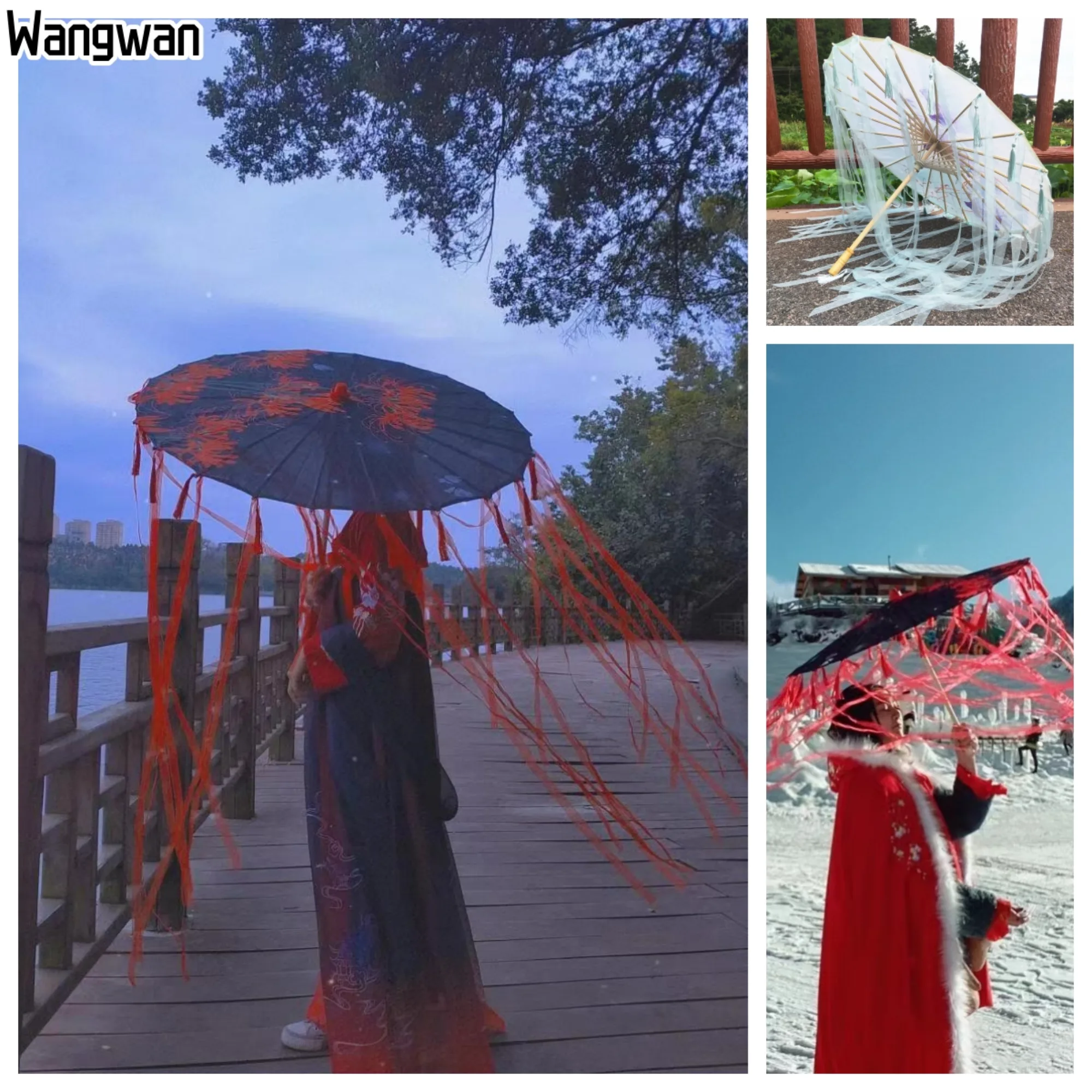 

Chinese Umbrella Ancient Tassel Cos Hanfu Antique Oil Paper Umbrella Ancient Red Flower Ribbon Prop Parasol Woman Free Shipping