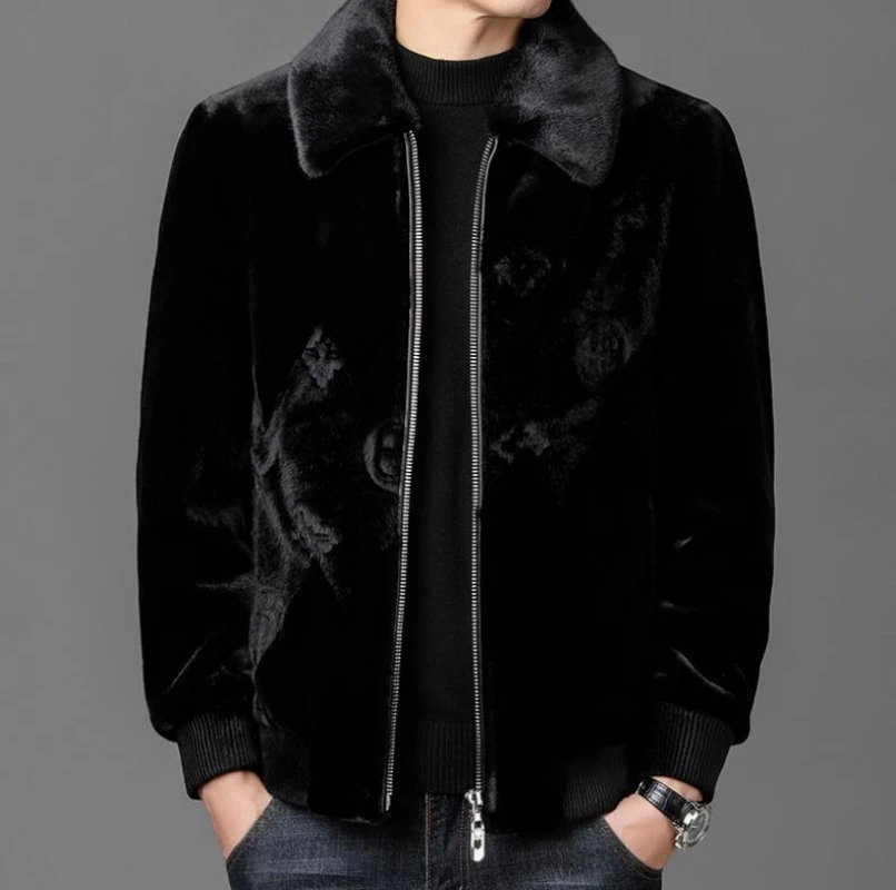 

Autumn and Winter Faux Mink Fleece Men's Jacket with a Solid Black Fur Smooth and Glossy Youth Men's Fashion Trend Top