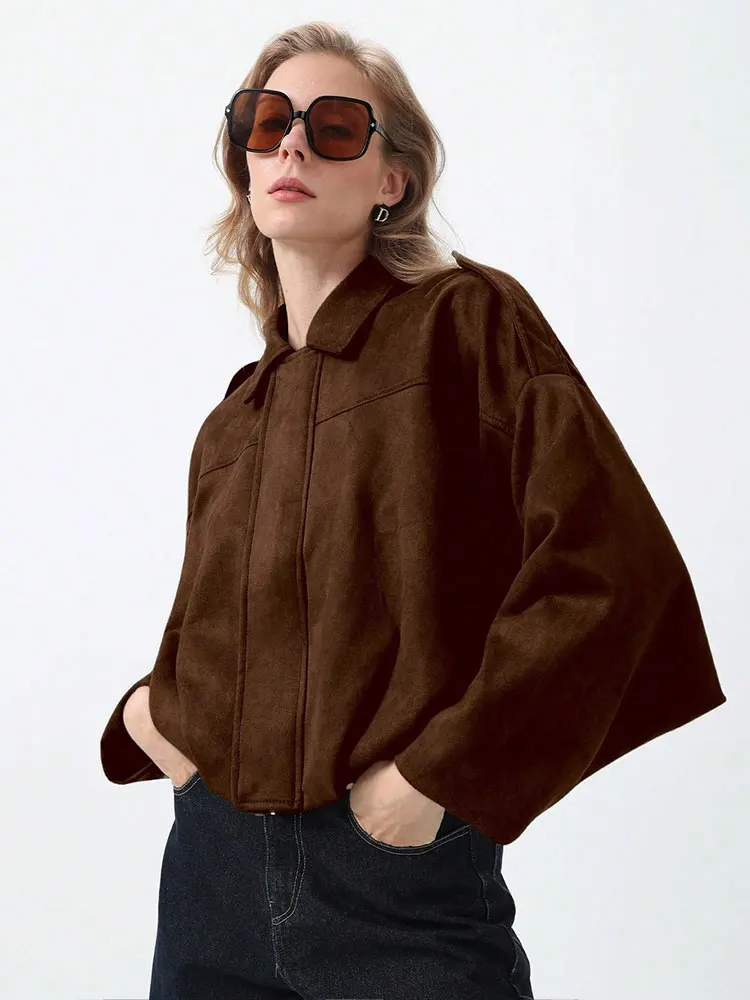 HH Women Loose Casual Suede Coat Turn-Down Collar Long Sleeve Bomber Jacket Fashion Lady High Street Yellow Outerwear